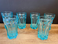 ~€ Vintage Set/6 Ice Blue Depression Glass Water Ice Tea Goblet Tumblers Starburst Bottom