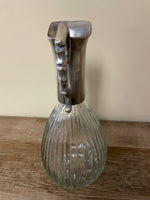 *Vintage Clear Ribbed Glass Silverplated Neck Handle 10” Pitcher