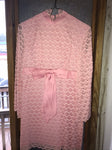 <€€* Vintage Womens Small Pink Satin Lace Dress Formal Prom Cocktail Princess Sheer Bell Sleeves