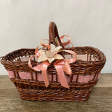 [L] <€€ Vintage Small Rectangle Wood Woven Basket w/ Handle Ribbon Brown Flowergirl