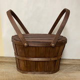 <€€ Large Oval Wood Basket w/ Wood Lid and Dual Handles Brown Sewing