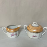 ~€ Vintage PK UNITY Creamer and Sugar Bowl w/ Lid Birds Flowers Gold  Lusterware