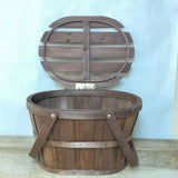 <€€ Large Oval Wood Basket w/ Wood Lid and Dual Handles Brown Sewing