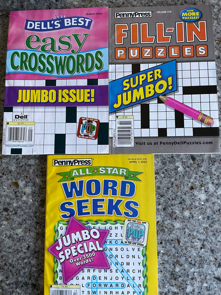 NEW PennyPress & Dell Set/3 Puzzle Books Word Seek~Fill-Ins~Easy Crosswords March-April 2023