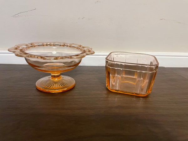 a** Vintage 2pc Depression Glass Set Pink Pedestal Compote and Square Ribbed Candy Nut Dish