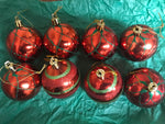 a** Vintage Christmas Holiday Lot of 8 Red Glass Ornaments with Green Glitter Stripes