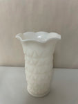 a** Vintage Milk Glass Vase White 5.75” Ruffle Edge Etched Diamond Design