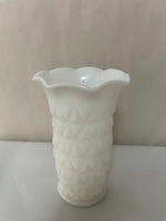 a** Vintage Milk Glass Vase White 5.75” Ruffle Edge Etched Diamond Design