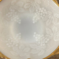 a** Vintage Pair/Set of 2 ANCHOR HOCKING Milk Glass Pedestal Serving Bowls Gold Rim Grapes