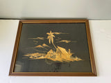 <€€ Vintage Chinoiserie Asian MCM 3D Art Bamboo On Black Canvas Wood Frame Tropical Island