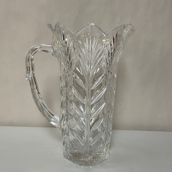~€ Elegant Tall Crystal Clear Cut Glass Pitcher Etched