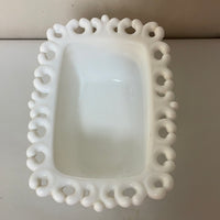 a** Vintage Milk Glass Serving Candy Nut Dish White Ribbed Pedestal Lace Edge 7.25” L