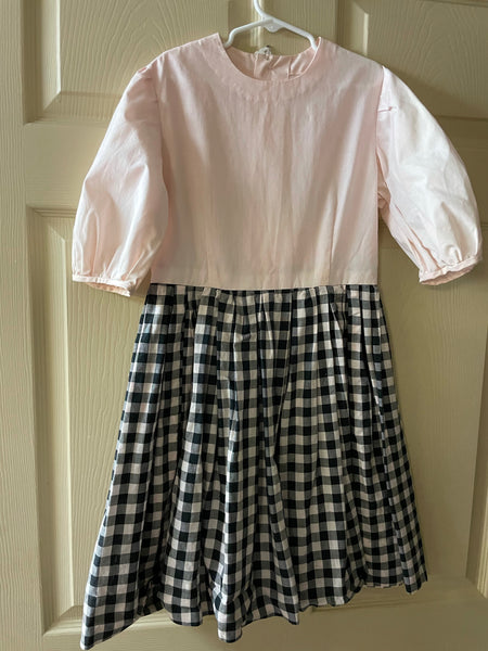 Vintage Girls Sz 12 Pink & Black Plaid Dress Handmade 3/4 Sleeves