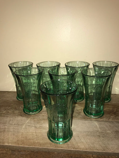 Set/8 Green Heavy Glass COCA COLA Flared 16 oz Drinking Glasses