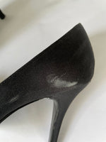 Womens By The Touch Black Satin Peep Toe High Heel Pumps Size 7.5M 3.5” Heel