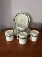 ~€ Vintage 15pc Dish Set Arcopal MISTY MEADOW Milk White Blue Green Plates, Bowls, Mugs