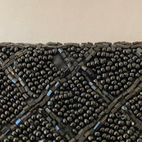 a** LANCOME Small Black Beaded Evening Bag Purse Lined w/ Tassel Clutch Formal