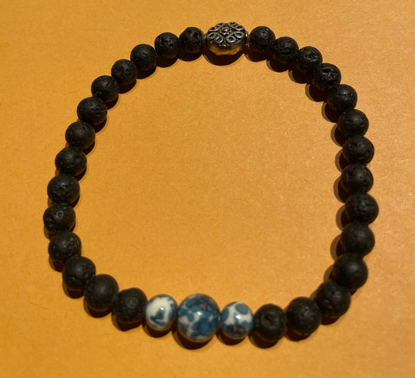 * New Black Lava & Glass Beads Stretch Beaded Bracelet Silver Spacer for Womens/Teens Yoga