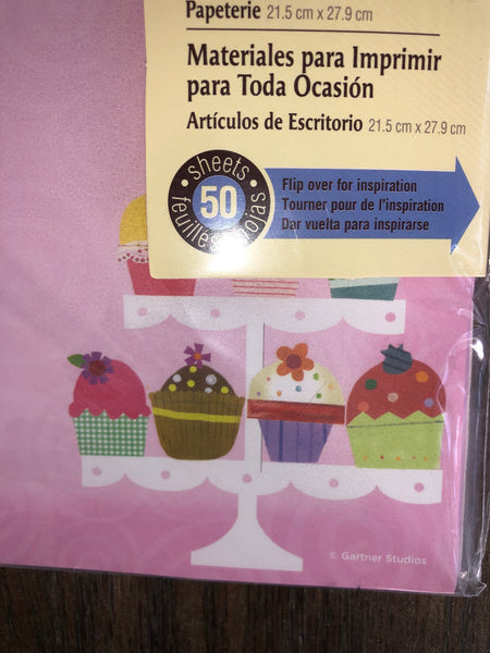 a** NEW Pink Swirl Cupcakes on Dessert Stand Printer Paper Letterhead 50 Sheets 8.5” x 11” Sealed