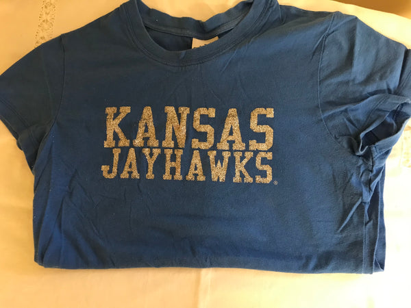 Womens Small KANSAS University JAYHAWKS Tshirt Fitted Cap Sleeve Glitter Blue