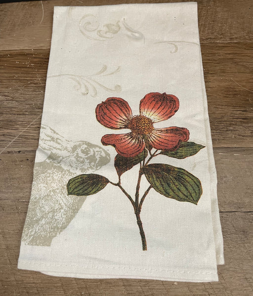 a** New Beige Cotton Tea Towel with Swirls & Flower Stamped