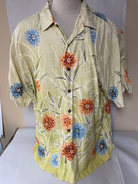 Mens TOMMY BAHAMA Silk Yellow Floral Hawaiian Print Camp XLarge Pocket