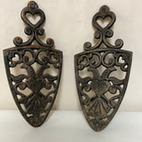 ~ Vintage Pair/Set of 2 Black Cast Iron Trivet Hot Plate Love Bird Heart Footed