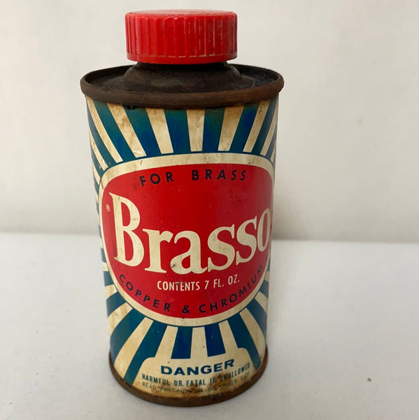 Vintage BRASSO Brass Copper Chromium Cleaner  Red White Blue Tin Can Americana Advertising