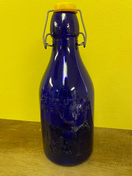 ~ Vintage THATCHERS DAIRY Cobalt Blue Glass Quart Milk Bottle Crownford China 1965 Italy