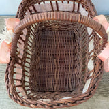 [L] <€€ Vintage Small Rectangle Wood Woven Basket w/ Handle Ribbon Brown Flowergirl