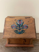 a** Vintage 70’s Rustic Wood Hinged Painted Storage Chest Recipe Trinket Box