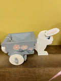 ^ Easter Bunny Pulling Wood Wheeled Cart Decor Spring