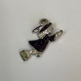 Silver Pendant Charm Witch Flying on a Broom Purple Cape & Hat