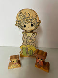 a* Vintage RARE Precious Moments Wood Doll Stick on Clothes Cat & Teddy Bear with Wood Stand