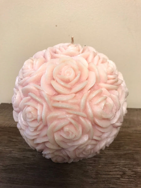 a** New Unscented Handcrafted 6” Round CANDLE Blush Pink Roses Volcanica 9478B