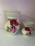~€ Vintage Pair Formalities By BAUM BROS Ceramic Vases Ivory with Gold Trim Roses & Ribbon