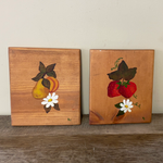 ¥ Vintage Pair Set/2 Hand Painted MCM 1960s-1970s Fruits on Wood Block
