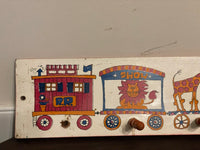 Vintage Wood Childrens Wall Coat Hat Rack with Zoo Circus Animals in Train Cars Peg Hooks