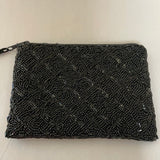 a** LANCOME Small Black Beaded Evening Bag Purse Lined w/ Tassel Clutch Formal
