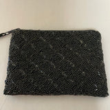 €€ LANCOME Small Black Beaded Evening Bag Purse Lined w/ Tassel Clutch Formal