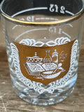 a** Vintage Apothecary Pharmacy RX Barware Shot Glass Gold Logo MCM Measuring Marks