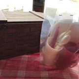 <[updt]€€ Vintage PICNIC Basket Double Handle Flip Up Lid BASKETVILLE PUTNEY VERMONT with NEW Plasticware