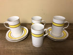 FF Fitz & Floyd 8 pc Cappuccino Set White w/ Yellow Band Stripes Coffee Cups & Saucers Gold Rim