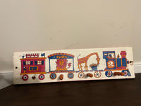 Vintage Wood Childrens Wall Coat Hat Rack with Zoo Circus Animals in Train Cars Peg Hooks