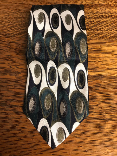 *Mens BACHRACH Italy Silk Neckware Tie Necktie Geometric Peacock Green Gold Black White