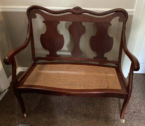 Vintage Hand Crafted Black Walnut Settee on Wheels w/ Woven Cane Seat Like New Cherry Finish