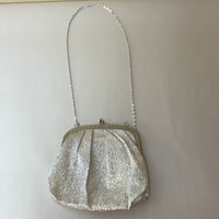 a** Vintage FINE ARTS BAG CO. Metallic Silver Evening Bag Clasp Purse w/Chain