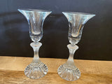 (L) €€~ Vintage Pair Set/2 Cut Glass Small Toasting Flute Cordial 6.25” Taper Candle Holders Round Base