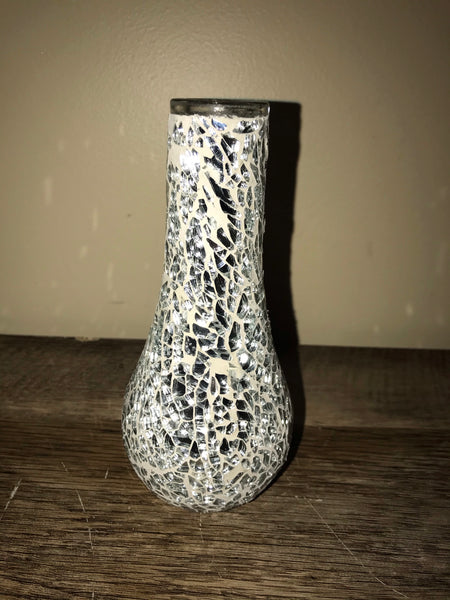 ~ Vintage Small Silver Glass Mosaic Bud Vase Vessel