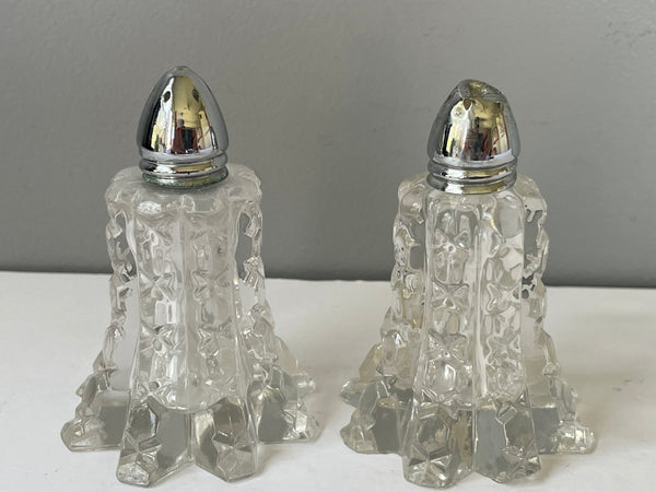 a** Vintage Cut Glass 3.5” H Salt & Pepper Shaker Set Silver Lids